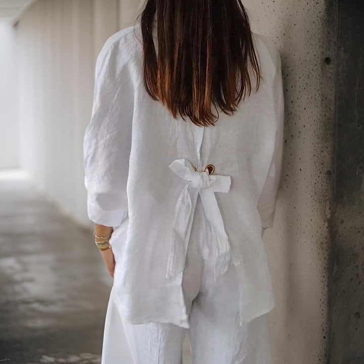 Luna™ | Elegant Linen Polo Blouse with Bow detail feature in back