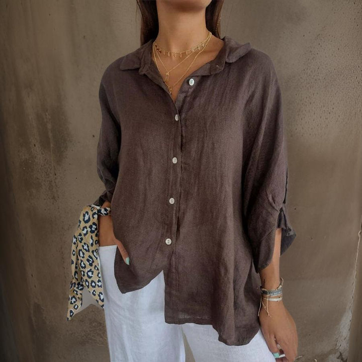 Luna™ | Elegant Linen Polo Blouse with Bow detail feature in back