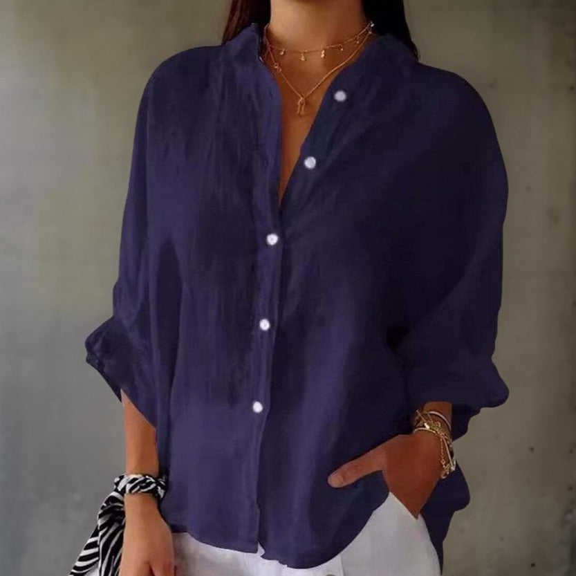 Luna™ | Elegant Linen Polo Blouse with Bow detail feature in back